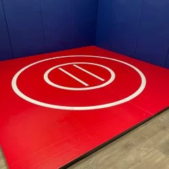 AK Athletic Equipment Blue & Red Clearance Instant Wrestling Room - 8' X 8' Wrestling Mat And Removable Folding Wall Pads Package Wrestling Mats
