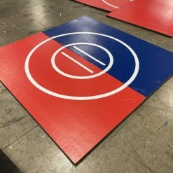 AK Athletic Equipment Clearance 8' X 8' X 1 3/8" Roll-Up Wrestling Mat Red And Blue With White Circles