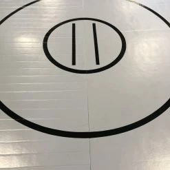 AK Athletic Equipment Remnant 117” X 10' X 1 3/8" Roll-Up WRESTLING MAT Mat Gray With Black Circles And Starting Lines Martial Arts