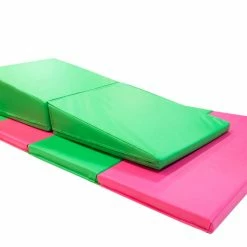 AK Athletic Equipment Folding Mats 4' X 8' X 2" Pink Green Gymnastics Folding Mat And Green Incline Combo